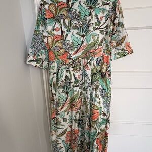 Beau & Ro size Small Floral Print Midi Dress in Cream, Coral & Mint